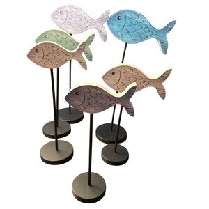 Decorative Wooden Fish Set - Multicolor Coastal Tabletop Accents New Open Box